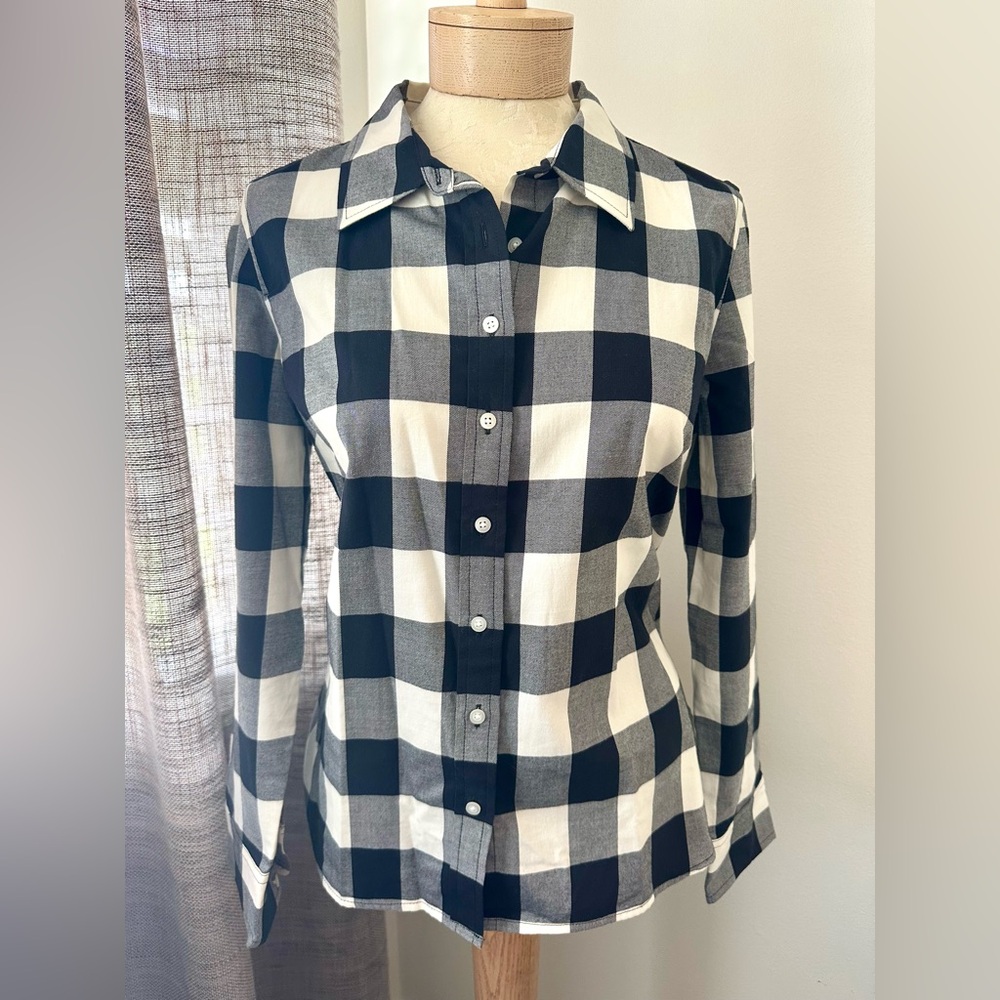 Talbots Petite Black & Creamy White Checkered Fleece Blouse MP